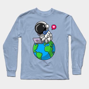 Cute Astronaut Working With Laptop On Earth Cartoon Long Sleeve T-Shirt